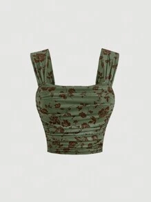 SHEIN MOD Floral Print Ruched Wide Straps Top - Multicolor - View 1
