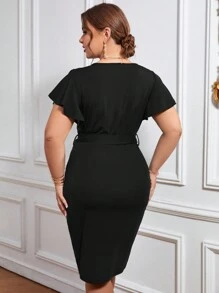 SHEIN LUNE Đầm Plus Size Thắt lưng Trọn gói màu trơn Thanh lịch - màu đen - Xem 3