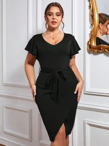 SHEIN LUNE Đầm Plus Size Thắt lưng Trọn gói màu trơn Thanh lịch - màu đen - Xem 6
