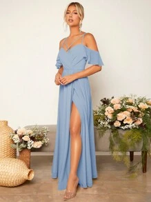 SHEIN Belle 挖肩高衩伴娘洋裝 - 淺藍色 - 查看 3