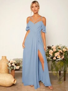 SHEIN Belle 挖肩高衩伴娘洋裝 - 淺藍色 - 查看 6