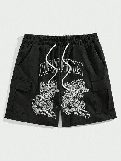 Street Life Männer Shorts mit Buchstabe & chinesischem Drachen Grafik, Pattentasche, Tunnelzug,