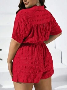 SHEIN LUNE Mono camisero unicolor con botón delantero - Rojo - Ver 2