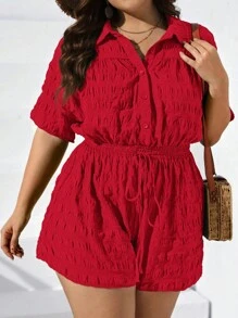 SHEIN LUNE Mono camisero unicolor con botón delantero - Rojo - Ver 4