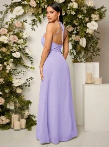 SHEIN Belle 鎖眼領口高衩伴娘連衣裙 - 紫丁香色 - 查看 2