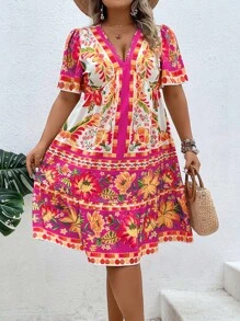 SHEIN Clasi Plus Floral Print Puff Sleeve Dress - Multicolor - View 6