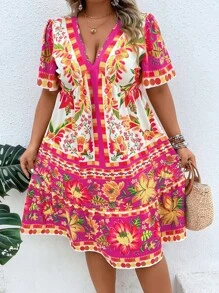 SHEIN Clasi Plus Floral Print Puff Sleeve Dress - Multicolor - View 7
