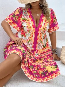 SHEIN Clasi Plus Floral Print Puff Sleeve Dress - Multicolor - View 8