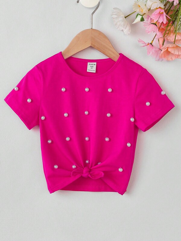 SHEIN Young Girl Knitted Pink T-Shirt With Faux Pearl And Knot Hem