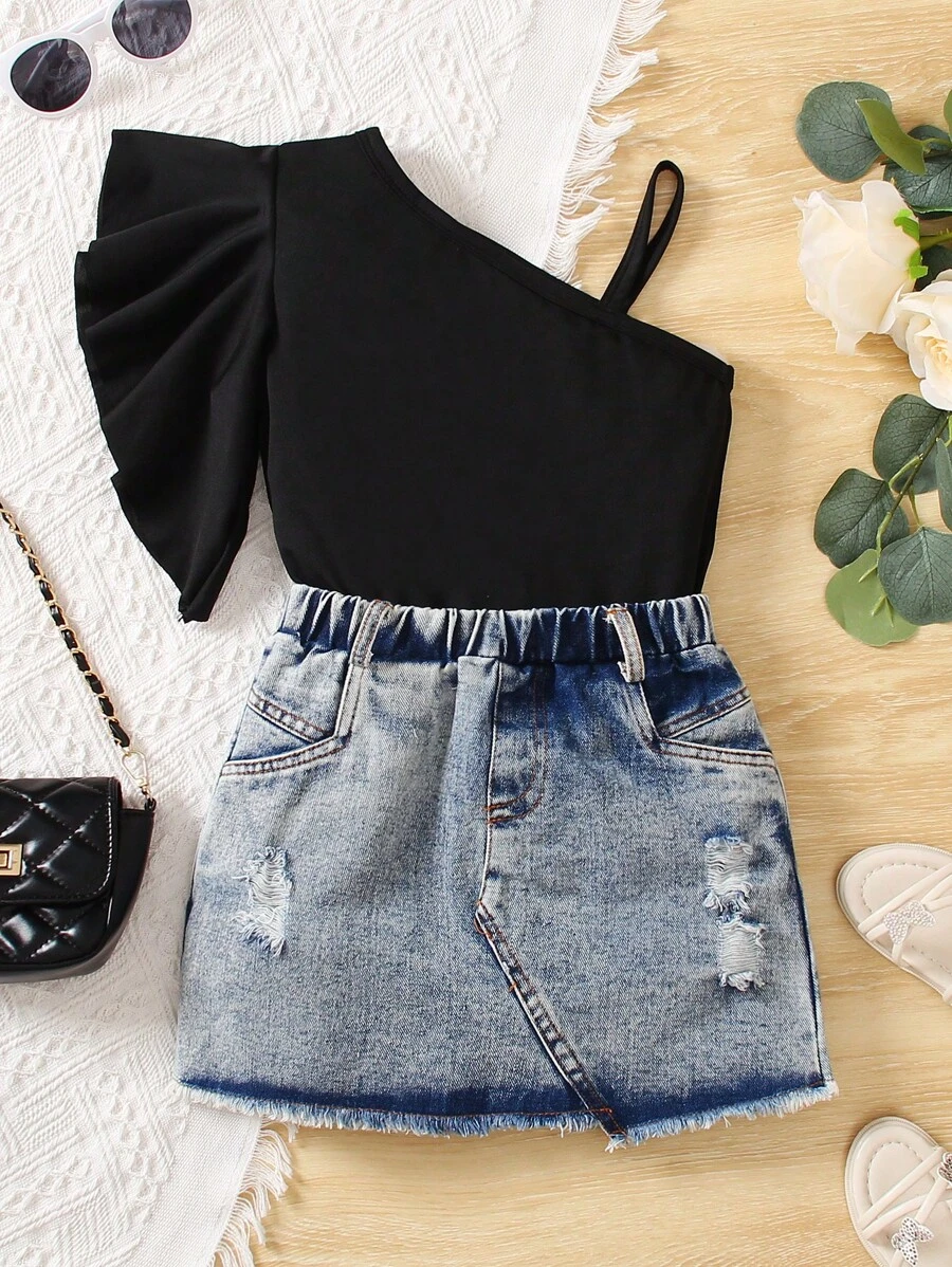 Bộ thời trang bé gái Bất đối xứng Xù Hem thô Bị tách Khối Màu Dễ thương - Nhiều màu - Xem 1