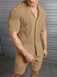 GENTILAND Loose Fit Men's Solid Color Button Front Shirt & Shorts Set - Khaki - View 3