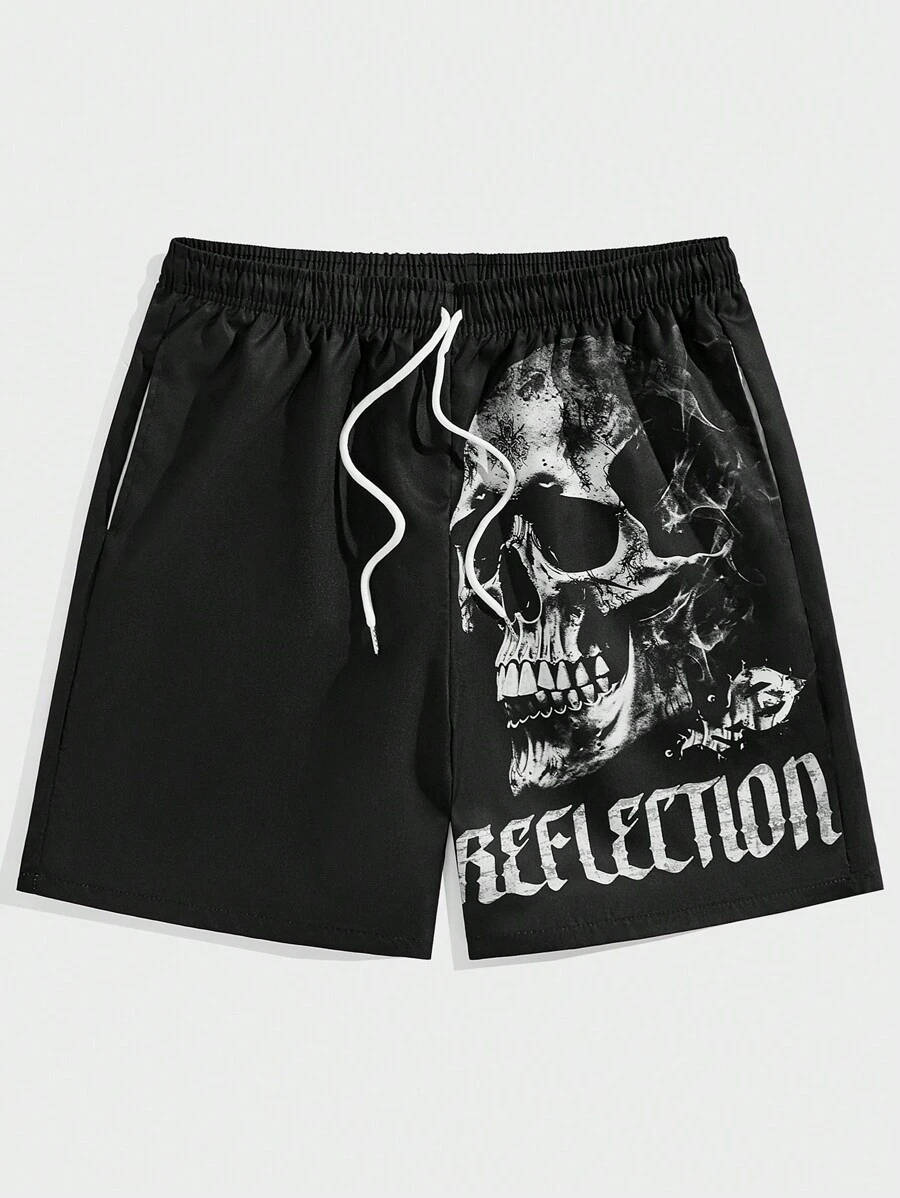 ROMWE MEN Goth Các bạn Hình ảnh Skull & chữ cái Eo dây rút Quần short - màu đen - Xem 1