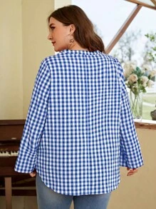 SHEIN LUNE Plus Gingham Print Roll Tab Sleeve Blouse