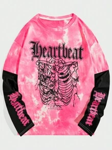 ROMWE MEN Goth Nam Tie Dye Skeleton & Letter Graphic 2 In 1 Y2k T-Shirt - Hồng - Xem 1