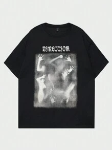 ROMWE MEN Street Life 男士字母與圖形圖案t恤 - 黑色 - 查看 1