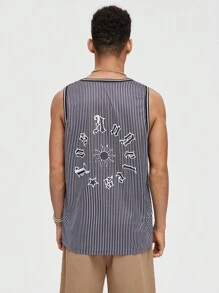 ROMWE MEN Street Life Guys Striped & Letter Graphic Tank Top - Black and White - View 4