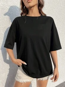 SHEIN EZwear Áo thun nữ tay ngắn cổ tròn in chữ cỡ lớn, thích hợp cho mùa hè, dành cho cả nam và nữ - màu đen - Xem 5