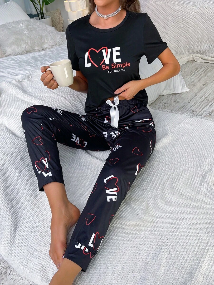 Heart & Letter Graphic PJ Set / Pajama Set - Black - View 1