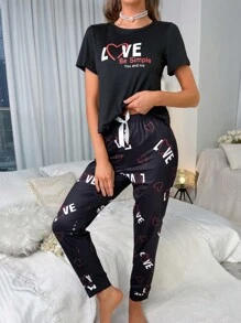 Heart & Letter Graphic PJ Set / Pajama Set - Black - View 5