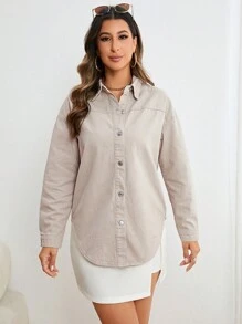 SHEIN LUNE 落肩袖弧形下擺牛仔襯衫 - 卡其色 - 查看 1