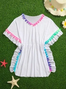 SHEIN 少女用呔邊毛球遮身衣 - 白色 - 查看 1