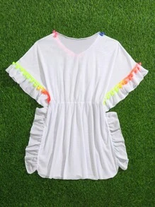 SHEIN 少女用呔邊毛球遮身衣 - 白色 - 查看 2