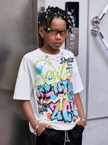 SHEIN Áo thun dệt kim tay ngắn in hình graffiti theo phong cách đường phố cho nam - trắng - Xem 1