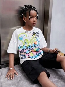 SHEIN Áo thun dệt kim tay ngắn in hình graffiti theo phong cách đường phố cho nam - trắng - Xem 6