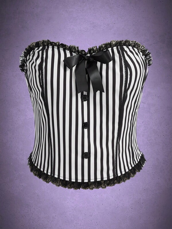 Goth Plus Striped Frill Trim Bow Front Tube Top