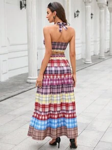 GENKIRA 格紋印花後背繫帶掛脖上衣和高衩半身裙 - 彩色 - 查看 3