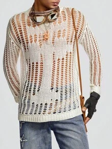 ROMWE MEN ROMWE Avant Các bạn Thả vai Đan Mở Áo len - trắng - Xem 3