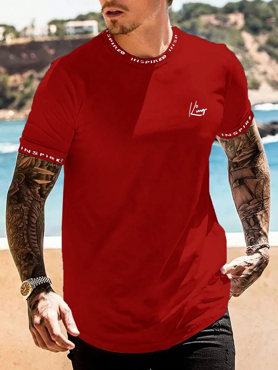 Manfinity Homme Áo thun & Áo lót Nam Lá thư Giải trí - Màu Đỏ Sâu - Xem 1