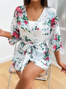 Kimono con estampado floral de hombros caídos con parte delantera abierta - Blanco - Ver 4