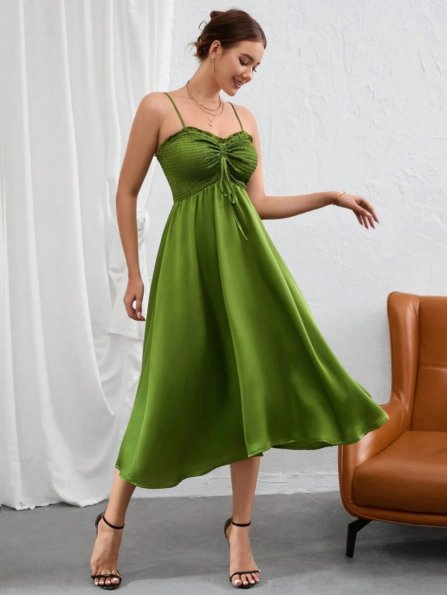 SHEIN Privé Drawstring Front Cami Dress - Green - View 1