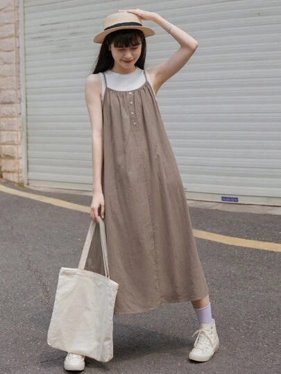 DAZY Solid Button Front Cami Dress Without Tee Sundress,Casual Women Dresses