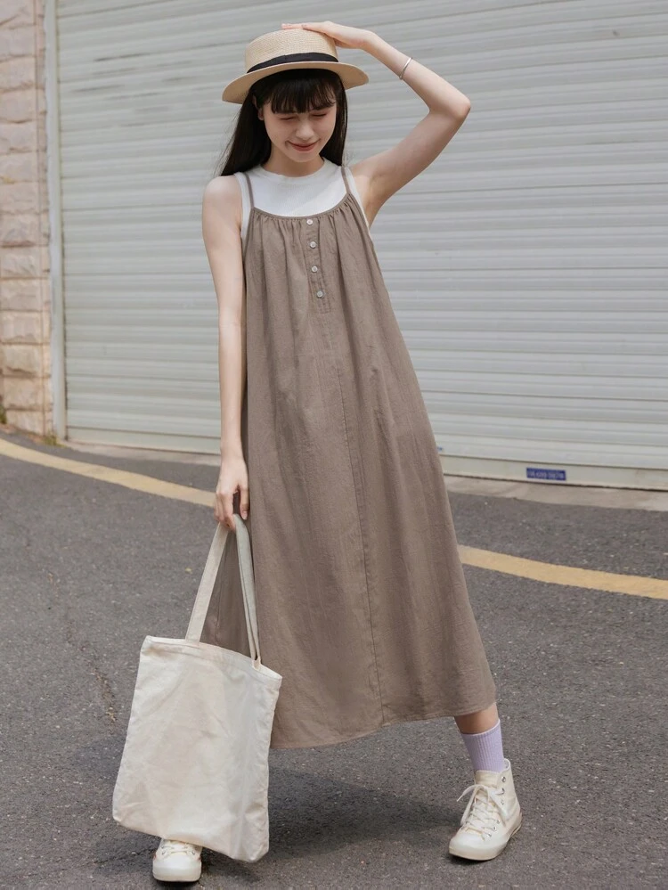 Solid Button Front Cami Dress Without Tee Sundress,Casual Women Dresses Maxi Dress