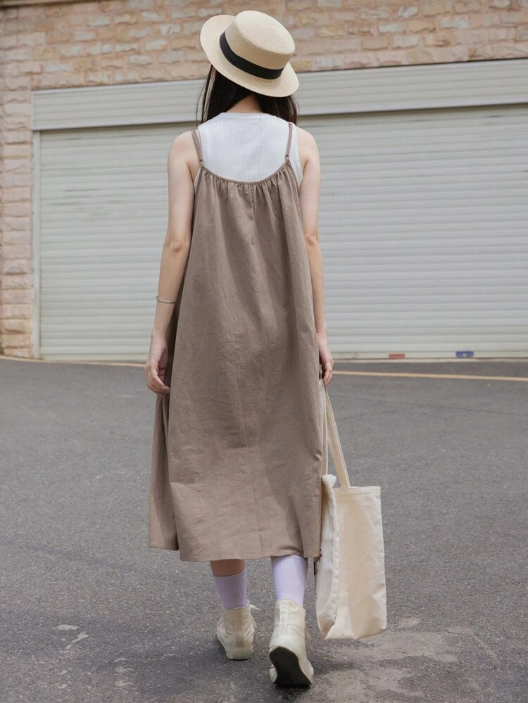 Solid Button Front Cami Dress Without Tee Sundress,Casual Women Dresses Maxi Dress