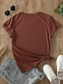 SHEIN Essnce Núi Và Đồ họa Khẩu hiệu Áo thun - Rỉ Nâu - Xem 2