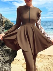 Solid Zip Front Full Body Burkini Swimsuit, For Summer Beach Vacation - Coffee Brown - View 4