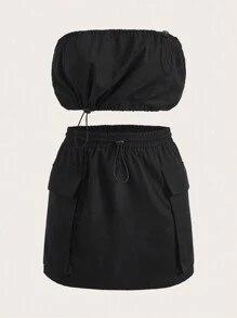 SHEIN EZwear Bộ đồ hai mảnh nữ Dây kéo Túi màu trơn Giải trí - màu đen - Xem 1