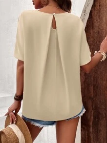 SHEIN LUNE Solid Batwing Sleeve Keyhole Back Blouse - Apricot - View 1