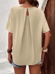 SHEIN LUNE Solid Batwing Sleeve Keyhole Back Blouse - Apricot - View 2