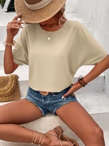 SHEIN LUNE Solid Batwing Sleeve Keyhole Back Blouse - Apricot - View 4
