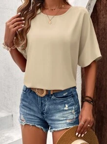 SHEIN LUNE Solid Batwing Sleeve Keyhole Back Blouse - Apricot - View 5