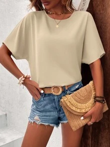 SHEIN LUNE Solid Batwing Sleeve Keyhole Back Blouse - Apricot - View 6
