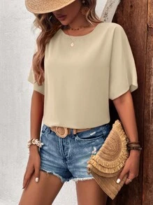 SHEIN LUNE Solid Batwing Sleeve Keyhole Back Blouse - Apricot - View 7