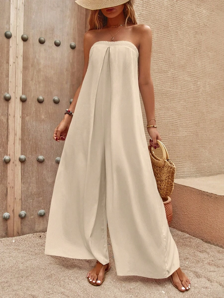 SHEIN LUNE Chất rắn quần ống rộng Jumpsuit ống - Màu be - Xem 1