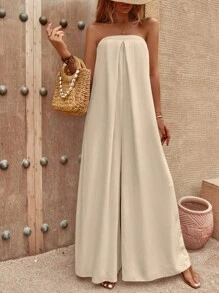 SHEIN LUNE Chất rắn quần ống rộng Jumpsuit ống - Màu be - Xem 6