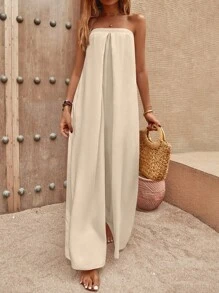 SHEIN LUNE Chất rắn quần ống rộng Jumpsuit ống - Màu be - Xem 7