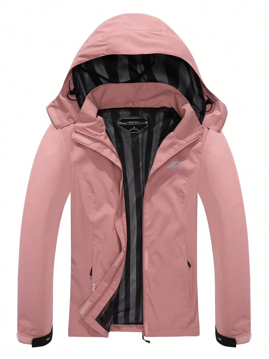 Cazadora con estampado de letra con cremallera impermeable con capucha - Rosa - Ver 1